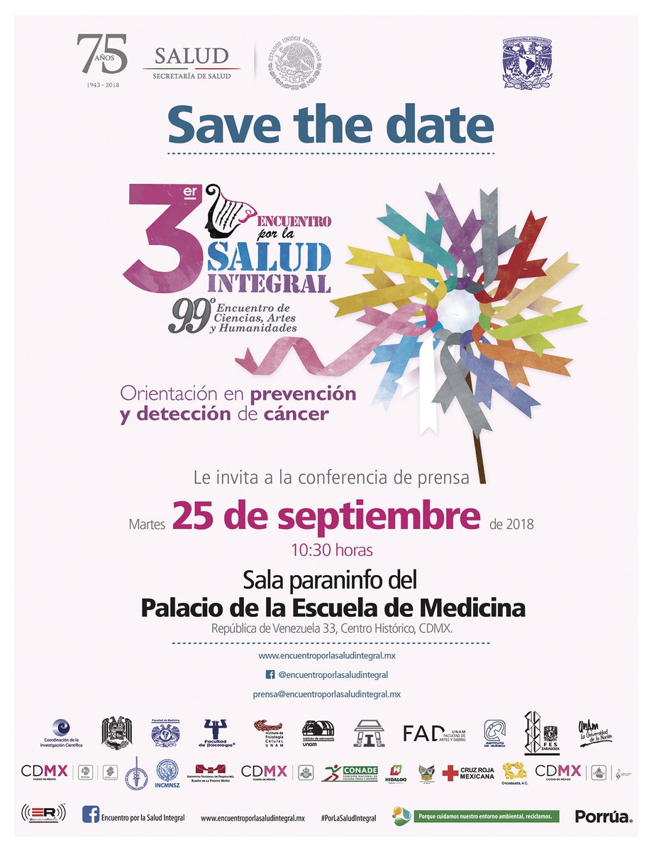 unam_fesz's tweet photo. 3er. Encuentro por la Salud Integral, asiste a la rueda de prensa el día martes 25 de septiembre del 2018, en la sala paraninfo del Palacio de la Escuela de Medicina, así como el evento que se llevará a cabo el día 7 de octubre,Monumento a la Revolución de 9 a 19 horas. https://t.co/2wYU8L0zEo