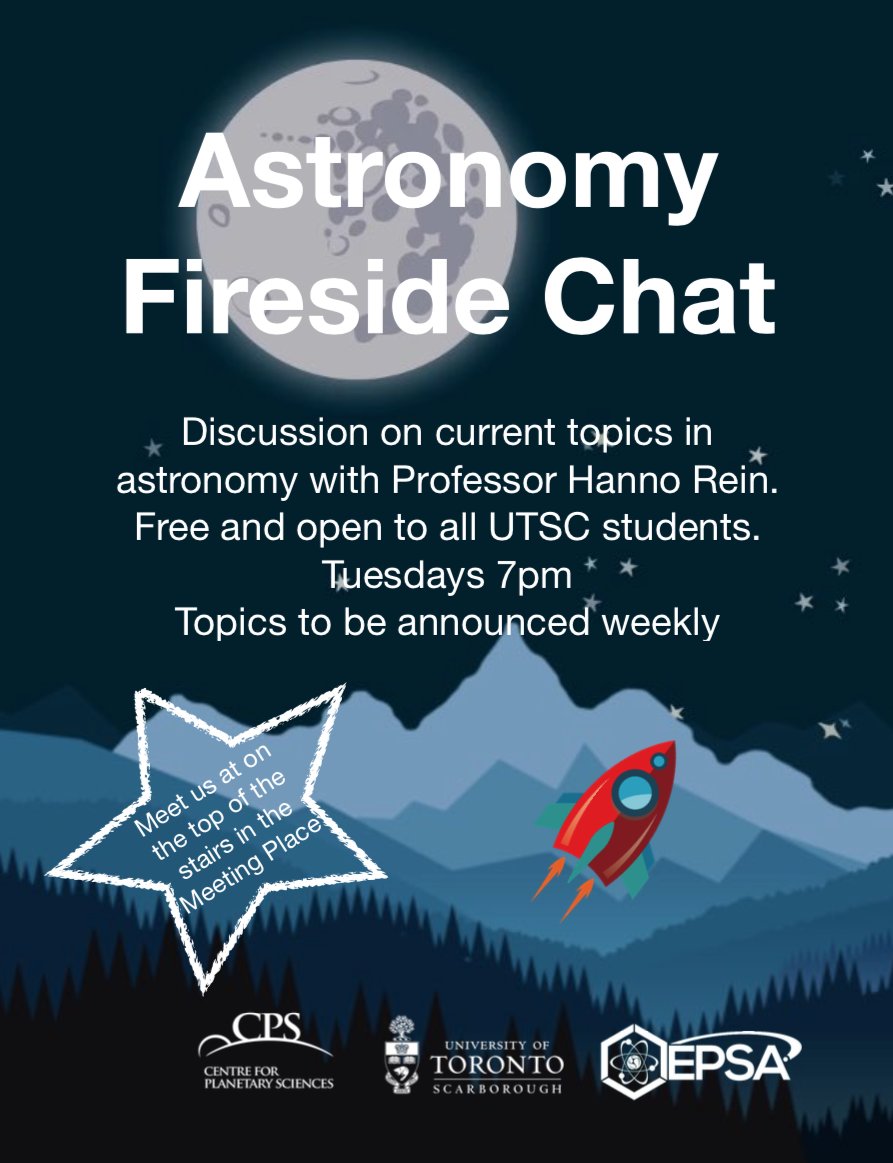 Joins us this coming Tuesday for another CPS Fireside Chat. Topic: the Big Bang! 💥 

We'll meet at 7pm on the stairs in the Meeting Place, Science Wing, <a href="/UTSC/">University of Toronto Scarborough</a>.