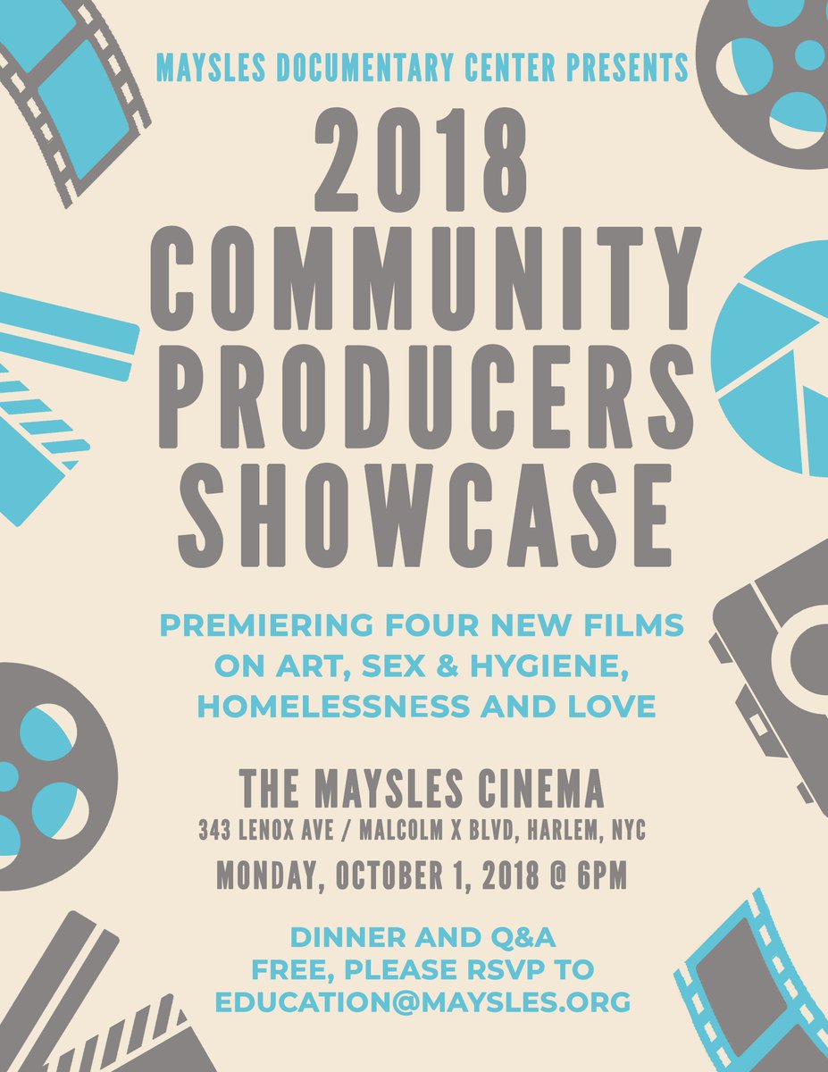 MayslesEd's tweet photo. The 2018 Community Producers Showcase is on Monday, October 1st at 6PM at the Maysles Cinema! This event is FREE, but RSVP to education@maysles.org as seats are limited!

Come to support the amazing films that our students have been working on this year!

#CPP #maysleseducation https://t.co/dBLFMoaHE8