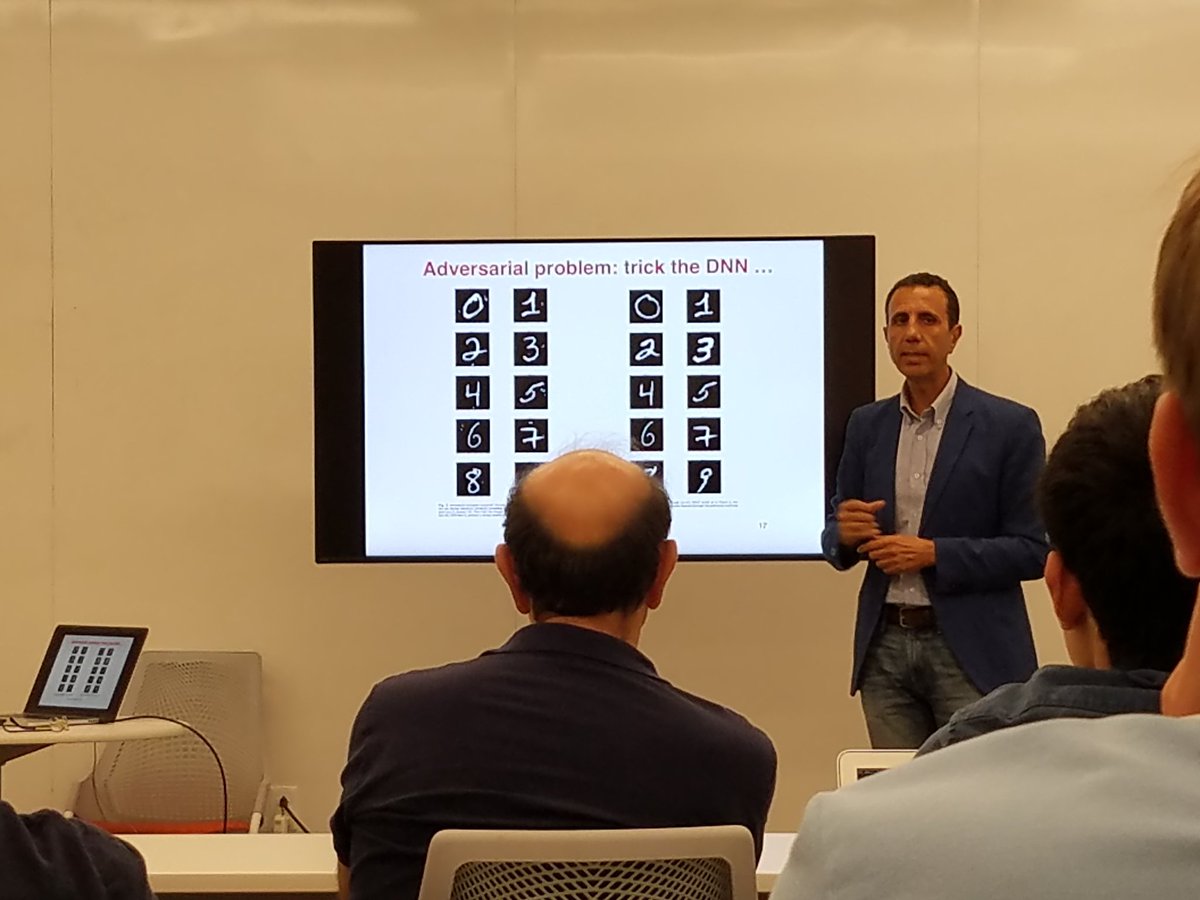rkimura47's tweet photo. Matteo Fischetti presents a MILP model for generating adversarial solutions against deep neural networks for handwritten digit recognition at #TepperQuad. @CMU_INFORMS #MIPpersToTheBone https://t.co/KGb25Nqjms