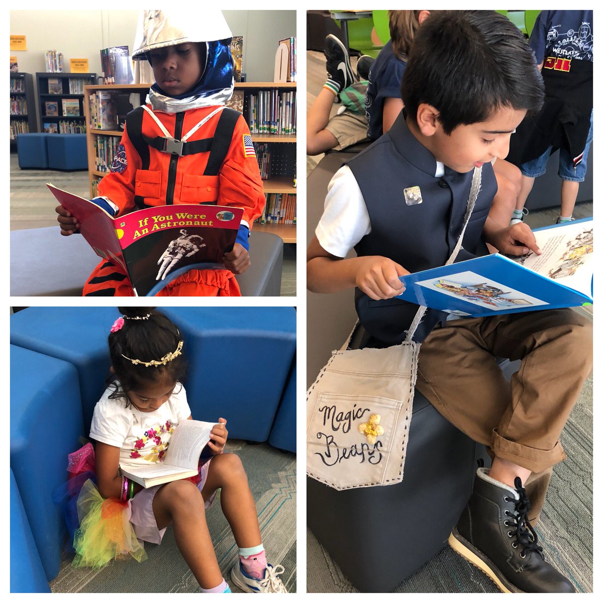 TeachWeiner's tweet photo. Nothing better than reading in the #WCSLibrary on Book Character Day! #Astronaut #JackAndTheBeanstalk #FancyNancy #WCSSpiritDay #BookCharacterDay #WestlakeCharter https://t.co/x9Zv3bDbW4