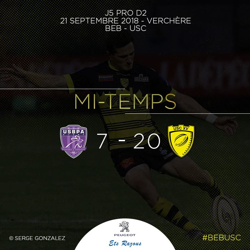 us_carcassonne's tweet photo. #BEBUSC | Mi-temps à Marcel-Verchère

Quelle première période ⚡️ Les Jaune&amp;Noir mènent au score après deux essais, signés @LouisMarrou &amp; @benoit_jasmin, et un 100% du buteur @gillesbosch !

#TeamUSC https://t.co/FYAe1W6PQq