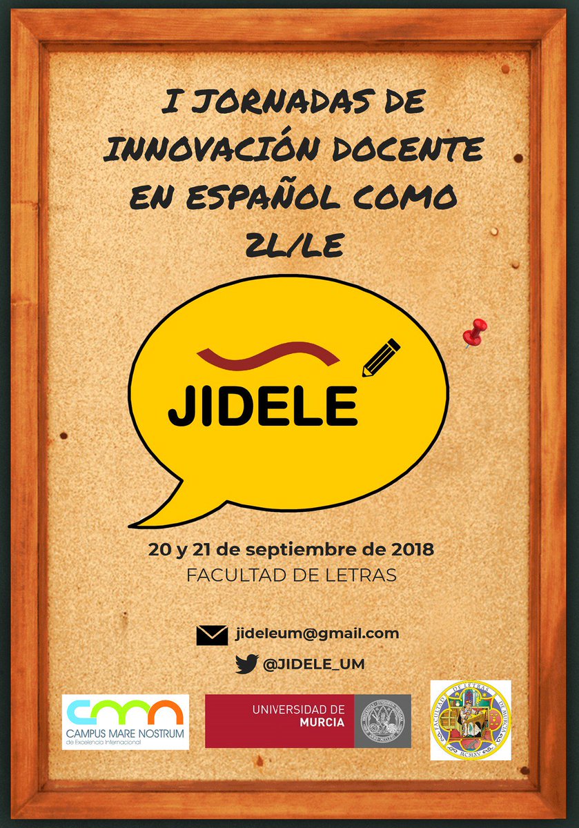 JIDELE_UM's tweet photo. ¡Quedan clausuradas las I Jornadas de Innovación Docente de Español como L2/LE! #JIDELE2018 Muchísimas gracias a todos los comunicantes por sus magníficas intervenciones, al Campus Mare Nostrum, @UMU, @LetrasUM y a todos los asistentes por hacer posibles estas primeras JIDELE https://t.co/SUoRakTXvF