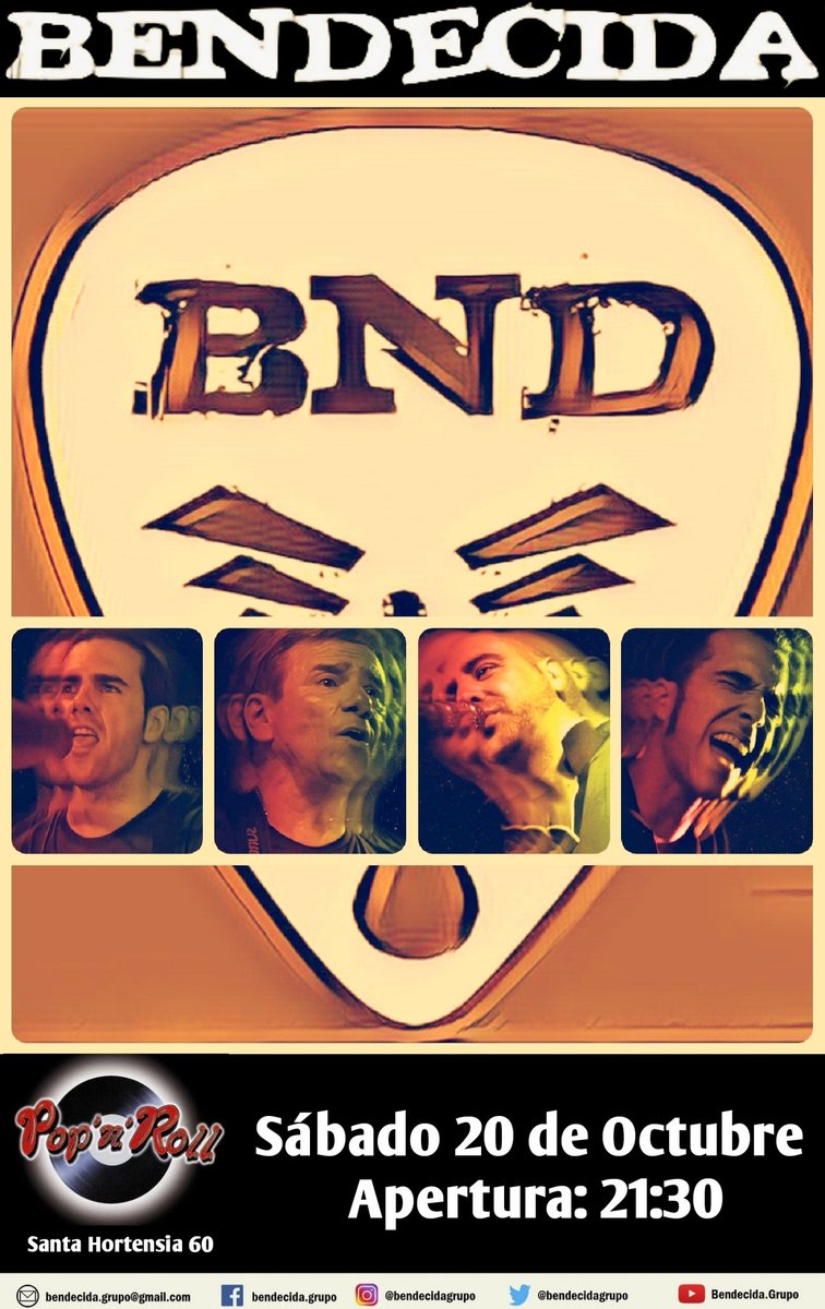 BendecidaGrupo's tweet photo. Hola Bendeci@s!! El próximo 20 de Octubre estaremos actuando en la sala @popandrollbar, en la C/ Sta. Hortensia 60. Os esperamos a tod@s para pasar una noche cojonuda!! Besos y abrazos! https://t.co/Zp8moG0VQh
