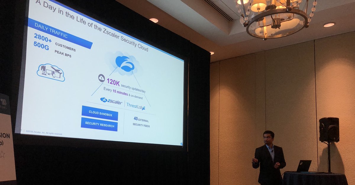 MohammadTalks's tweet photo. Deepen Desai highlighting impressive stats on how often @zscaler pushes security updates at their scope/scale. @Anomali #Detect18 https://t.co/pDQrOe53p6