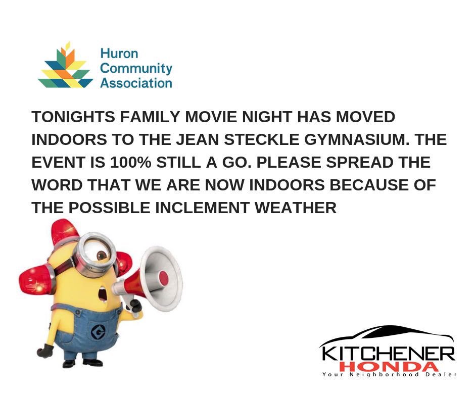 🚨 🚨 🚨 Tonight’s HCA Family Movie Night has been moved indoors to Jean Steckle school gymnasium due to the anticipated weather issue tonight.