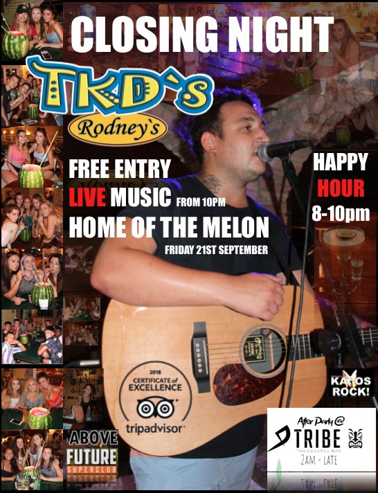 CLOSING NIGHT.... Tonight - <a href="/TKDs_kavos/">TKDs - RODNEYs</a> , live music from @ohaseagull starting at 10pm - Happy Hour 8-10pm..BOOM!!!  <a href="/kavosnightlife/">Kavos Nightlife</a> <a href="/mykavosholiday/">My Kavos Holiday</a> <a href="/PartyHardKavos/">Kavos 2019</a> <a href="/QuaysideVillage/">QuaysideVillageKavos</a> <a href="/Club1830Corfu/">Club 18-30 Kavos</a>