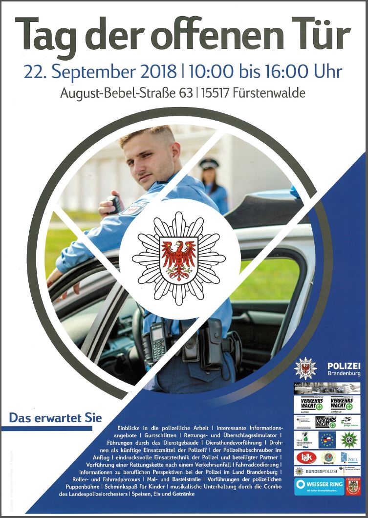 #TagderoffenenTür in #Fürstenwalde (LOS)!

Wann? Morgen 10-16 Uhr

➡️ Einblicke in den Polizeialltag, #Polizeihubschrauber, Wasserwerfer, #Diensthunde, #Fahrradcodierung und vieles mehr. 

Wir freuen uns auf Sie! 🙂

Keine Zeit? Kleine Einblicke: instagram.com/polizeibranden…