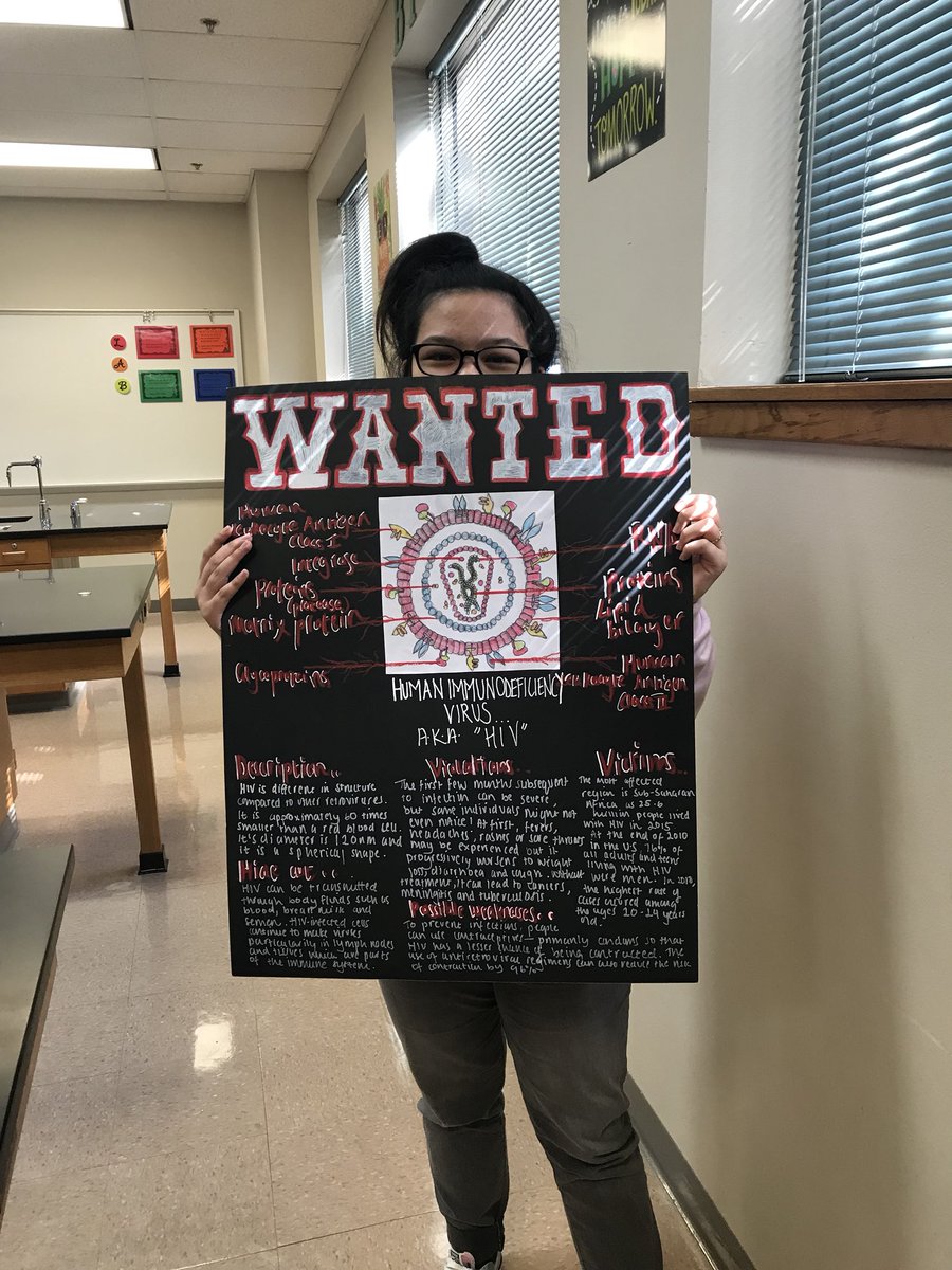 mrswhattheheck's tweet photo. Bragging on my awesome student Ashley for her creative virus “wanted” poster of HIV! Differentiating summative assessments is an awesome way to showcase student creativity. #activelearningcycle #highschoolbio #authenticlearning #arlingtonalc @engage_learning https://t.co/GSfvQQiHUu