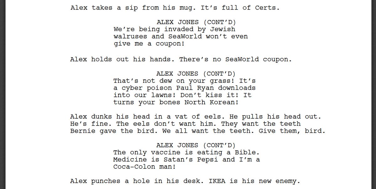 KeatonPatti's tweet photo. I forced a bot to watch over 1,000 hours of InfoWars episodes and then asked it to write an InfoWars episode of its own. Here is the first page. https://t.co/TOQoJQ1HGD