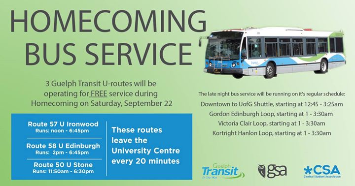 guelphtransit's tweet photo. Three Guelph Transit routes will be running for free during #gryphonHC18 on Sat, Sept 22! Routes 57 U from noon - 6:45 pm, 58 U from 2- 6:45 pm and 50 U from 11:50 am - 6:30 pm, leaving the UC every 20 minutes.
#guelphtransit #yourCSA #CSAinfo #uofguelph #guelph https://t.co/oQmYP77OkO