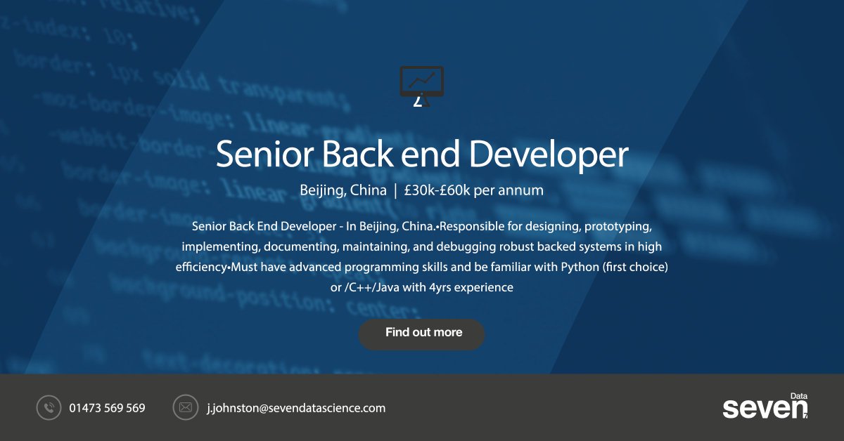Seven_Data7's tweet image. Ever wanted to do what you love in an exciting country? Then I would love to talk to you. Great opportunity for a Back End Developer. 
#backenddeveloper #Developer #Beijing #SevenDataScience #Gethired #senior