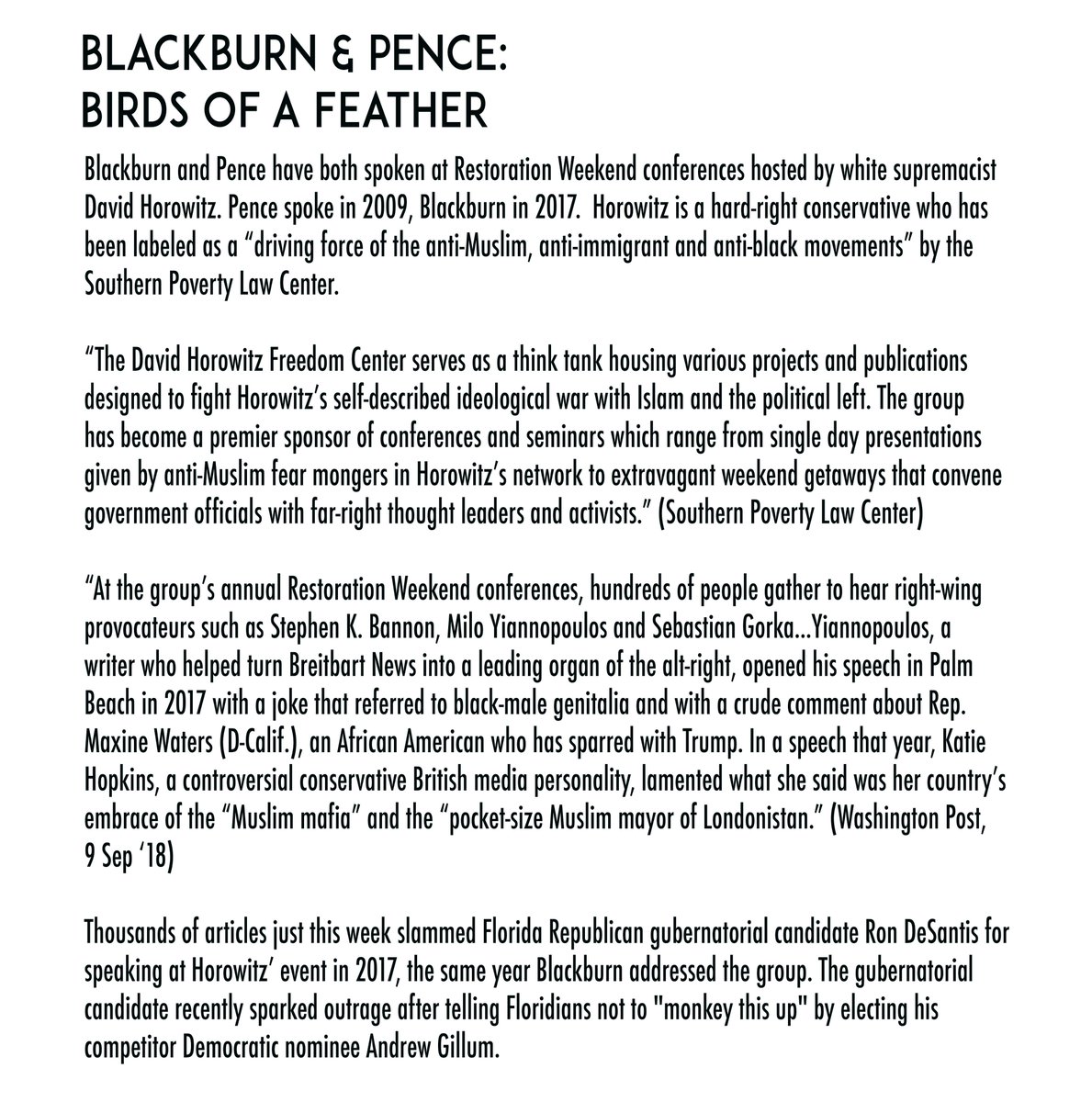NashvilleResist's tweet photo. .@VoteMarsha and @VP both spoke at racist David Horowitz' Restoration Weekend. Other speakers included Milos Yiannopoulos and Steve Bannon.
How can we trust Blackburn to represent all Tennesseans?
Vote @PhilBredesen for #TNSen! #HatefulHorowitz #MarshaLaw https://t.co/8J3CYWfgYc