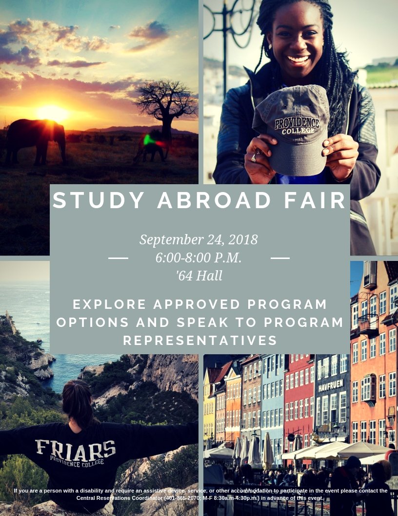 Just three more days until our Study Abroad Fair! Be sure to stop by '64 Hall from 6-8 p.m. in order to talk to program representatives and learn more about your study abroad options!
