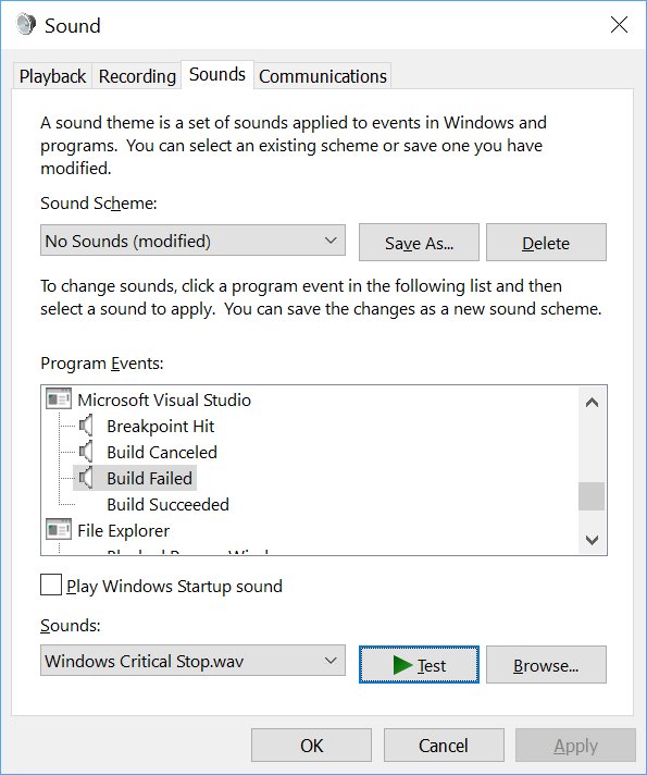 Visual Studio Tip: Get notified by sound when certain events occur within Visual Studio. #vstip #a11y