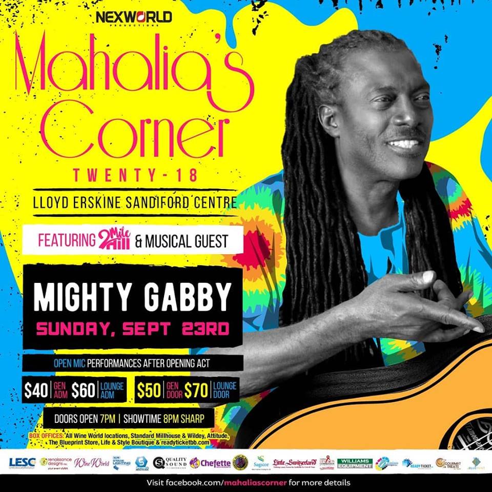 LESC_Barbados's tweet photo. #upcomingevent #LESC ~ Icon. Legend. Hero. Musical Genius. 
#MahaliasCorner welcomes the Mighty Gabby for Show 4. Join us for what will be one of the most prolific Corners to date on Sept 23rd!
#mahaliascorner2018 #festival #acoustic #unplugged #openmic #bestshowerever #booklesc https://t.co/jZ1EFy9Hf0