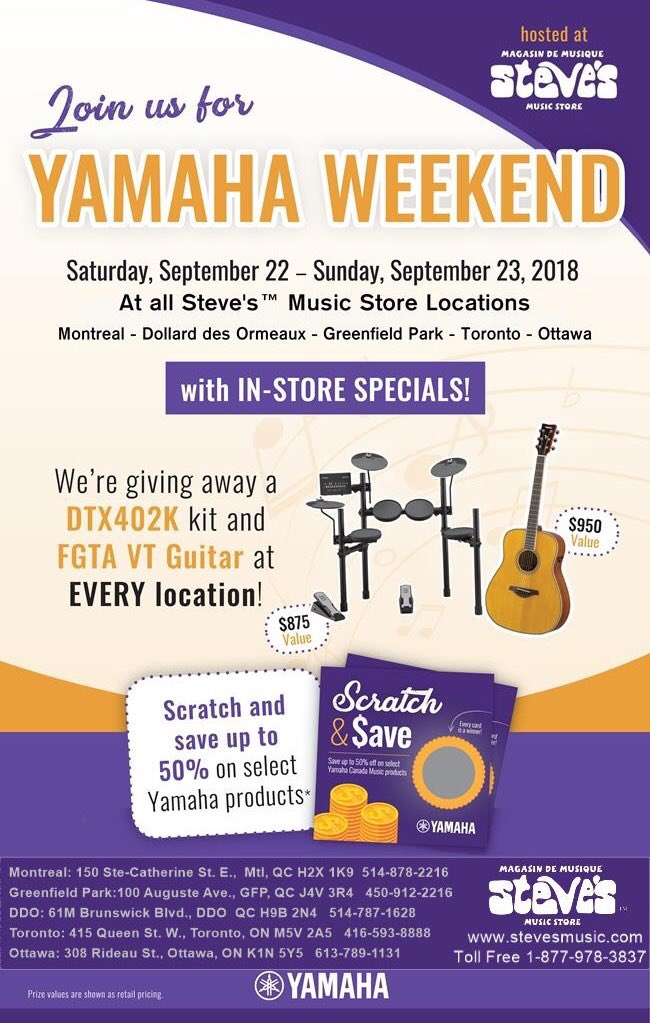 This weekend! Discount scratch tickets at purchase and we’re giving away a drumset and guitar!!!
#yamahaweekend