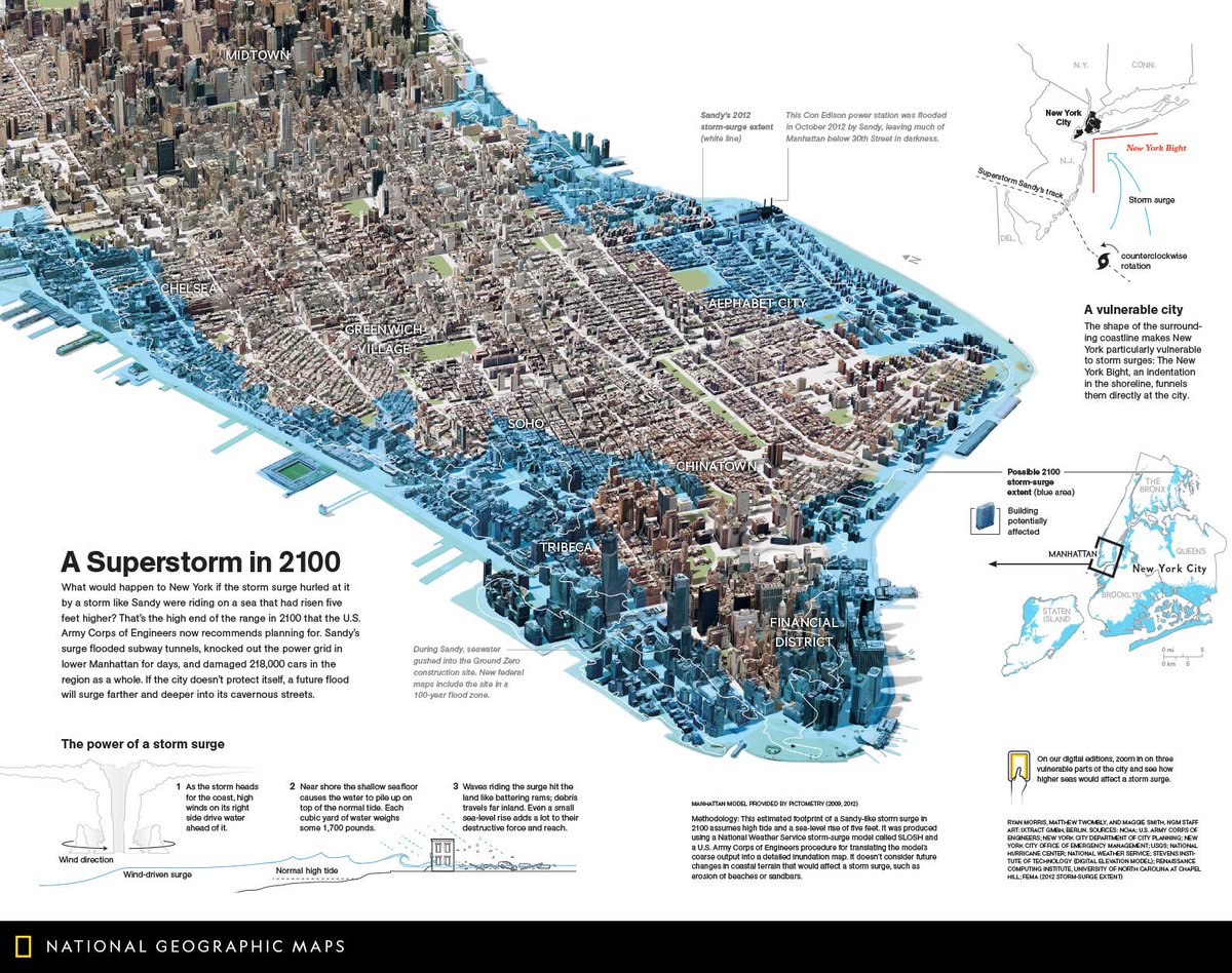 NatGeoMaps's tweet photo. Map of the Day: What would happen to New York if the storm surge hurled at it by a storm like Sandy were riding on a sea that had risen five feet higher? This September 2013 map theorizes what a superstorm in 2100 might look like. https://t.co/WYkzjfcKTG #MapOTD https://t.co/MYXqYPvU0t