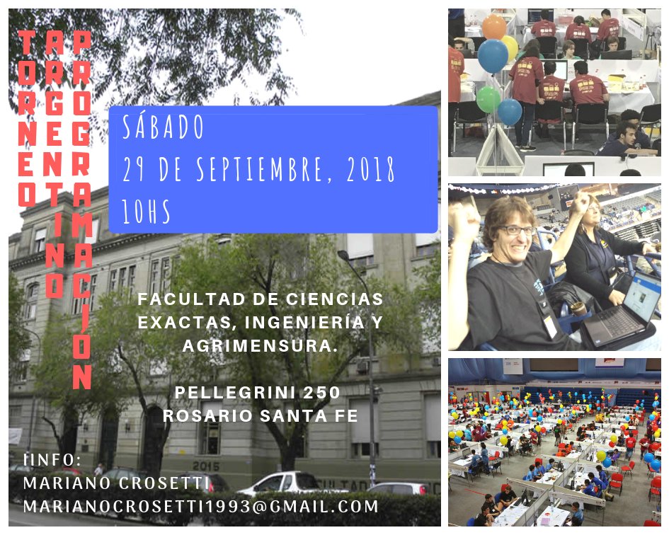 lccrosario's tweet image. Hola! Mañana 22/09 cierra la inscripción a Torneo Argentino de Programación! Recuerden que Rosario también es sede del mismo. Anotarse! Contacto local: Mariano Crosetti. Es una experiencia Única! Programadores a programar!