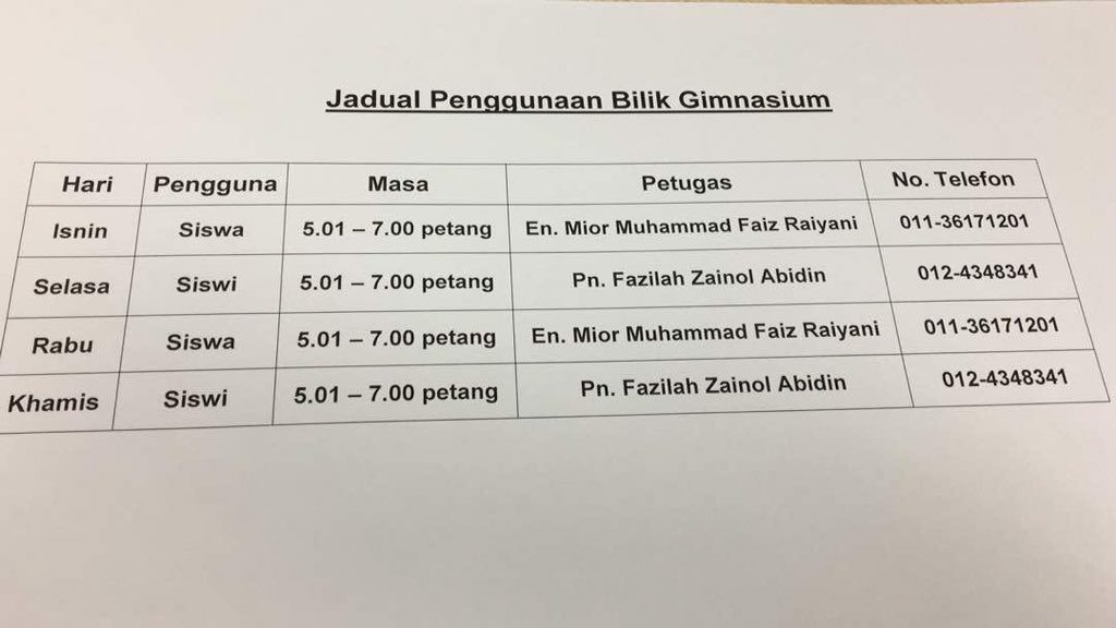 mppuitmtapah's tweet photo. [INFO] Gimnasium UiTM Kampus Tapah akan mula beroperasi semula. Berikut adalah jadual penggunaan bilik gimnasium. Sila gunakan kemudahan ini dengan sebaiknya. Terima kasih 💪🏻 https://t.co/hK7H2Jwty3
