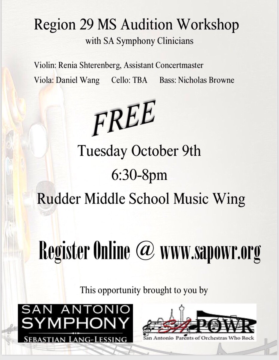 PowrSa's tweet photo. ATTN Region 29 Middle School orchestra students! SAPOWR and @SASym will be hosting a FREE audition workshop. We welcome you to come learn from some of the best! Register here: https://t.co/jhDQk2pv3o #orchestra #FREEworkshop #sasymphomy #Region29 #MusicEducation https://t.co/XJ0cx7A4k6