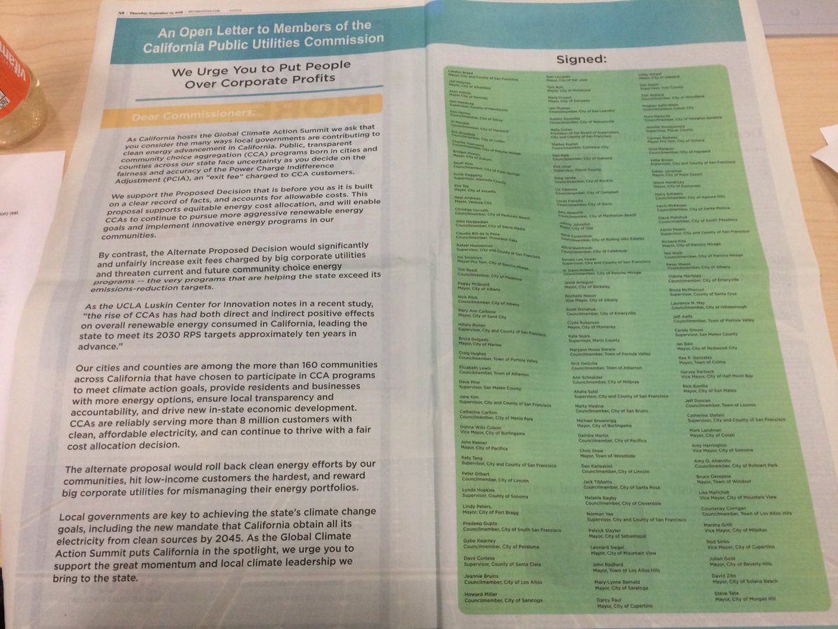 MenloSpark2025's tweet image. Wonderful to see these smart ads from @cal_cca in the @sfchronicle during the #GCAS2018 showing how #CommunityChoice Clean Energy can lead on #ClimateProgress.
And yet @JerryBrownGov just signed SB237 allowing Direct Access Power to bring in dirty energy - Not good for Climate.