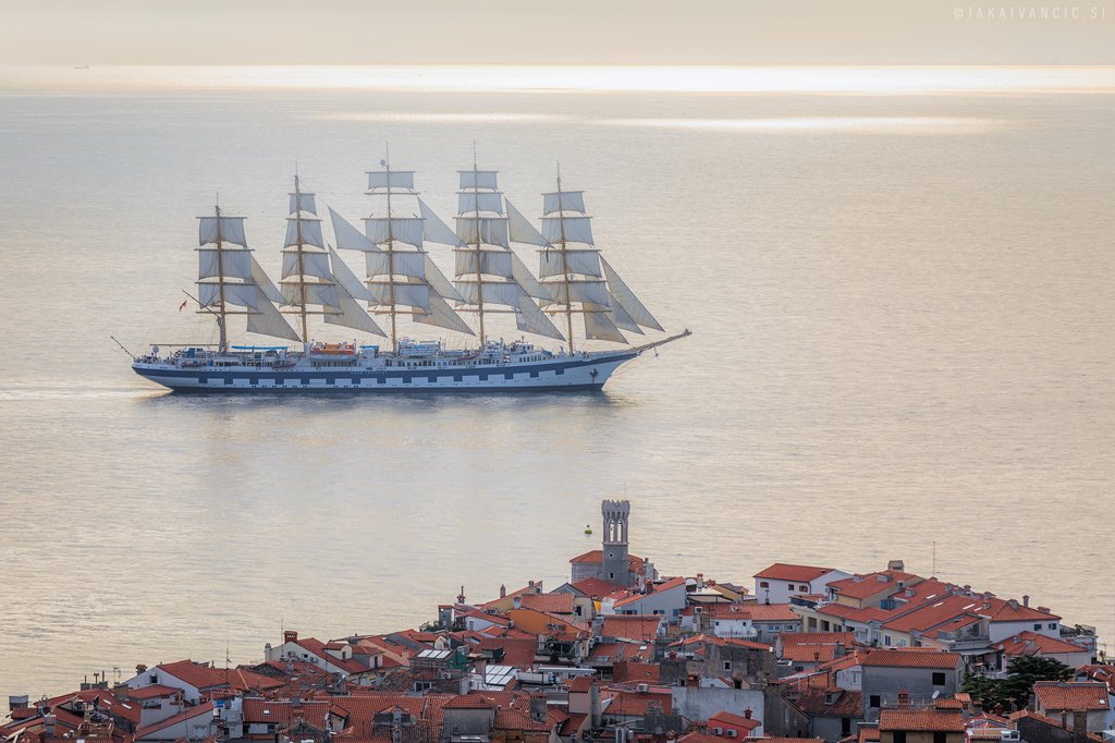 jaka_ivancic's tweet photo. The world's biggest sailboat Royal Clipper passing Piran on a hot summer day. #starclippers #royalclipper #piran #pirano #istra #istria #slovenia #slovenija https://t.co/HODFuPS5vv