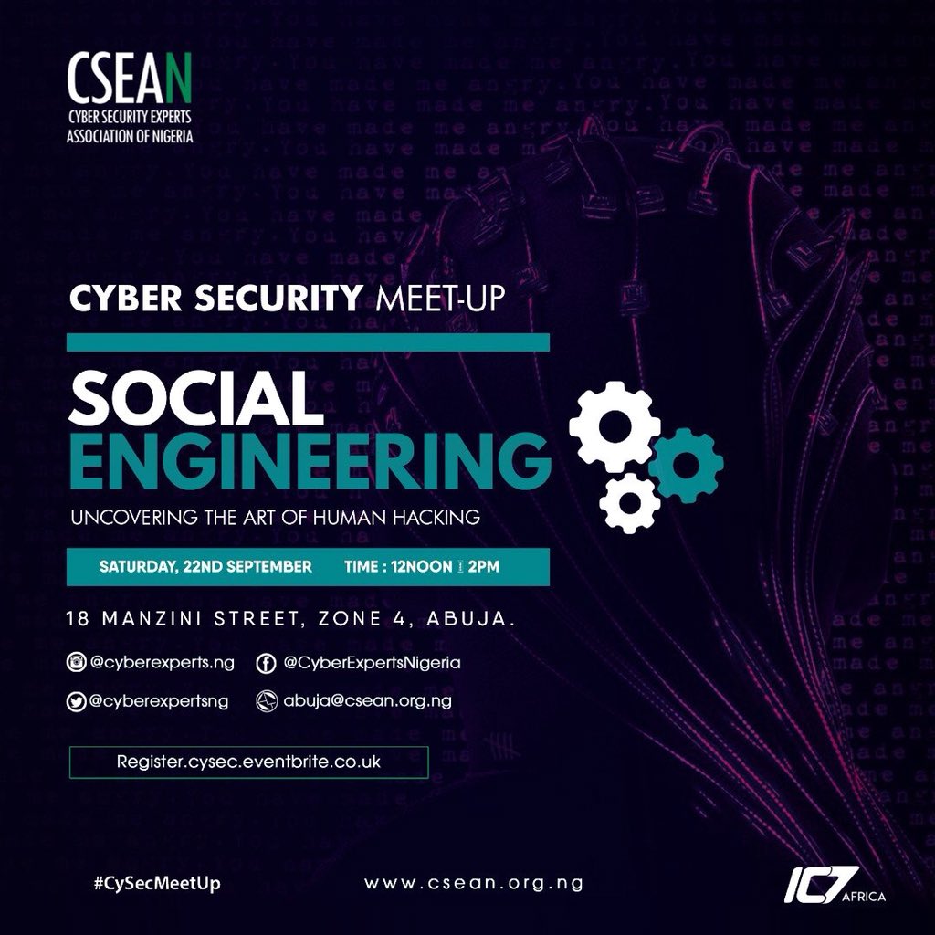 heptapodbits's tweet image. Cyber Security Experts Association of Nigeria meetup is happening tomorrow. Come let's discuss all things Social Engineering.
Venue: 18 Manzini Street, Zone 4, Abuja.
Time: 12noon to 2pm.