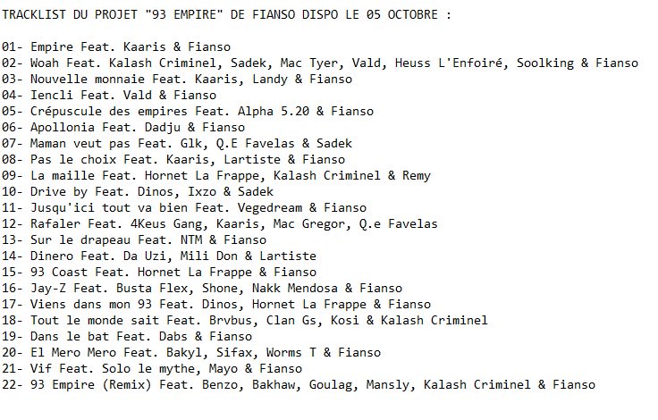 16x16FR's tweet photo. #TRACKLIST : Découvre la grosse tracklist du projet #93Empire dispo le 05 Octobre ! 🔥🔥🔥
Avec : @Fianso , @KaarisOfficiel1 , @Dadju , @KalashCriminel , @hornetlapeuf , @vald_ld , @VGdreamOfficiel , @Sadekniuum , @DabsOfficiel , @ixzoo , @heuss_lenfoire , @Soolking ... https://t.co/aJ70aJbneO