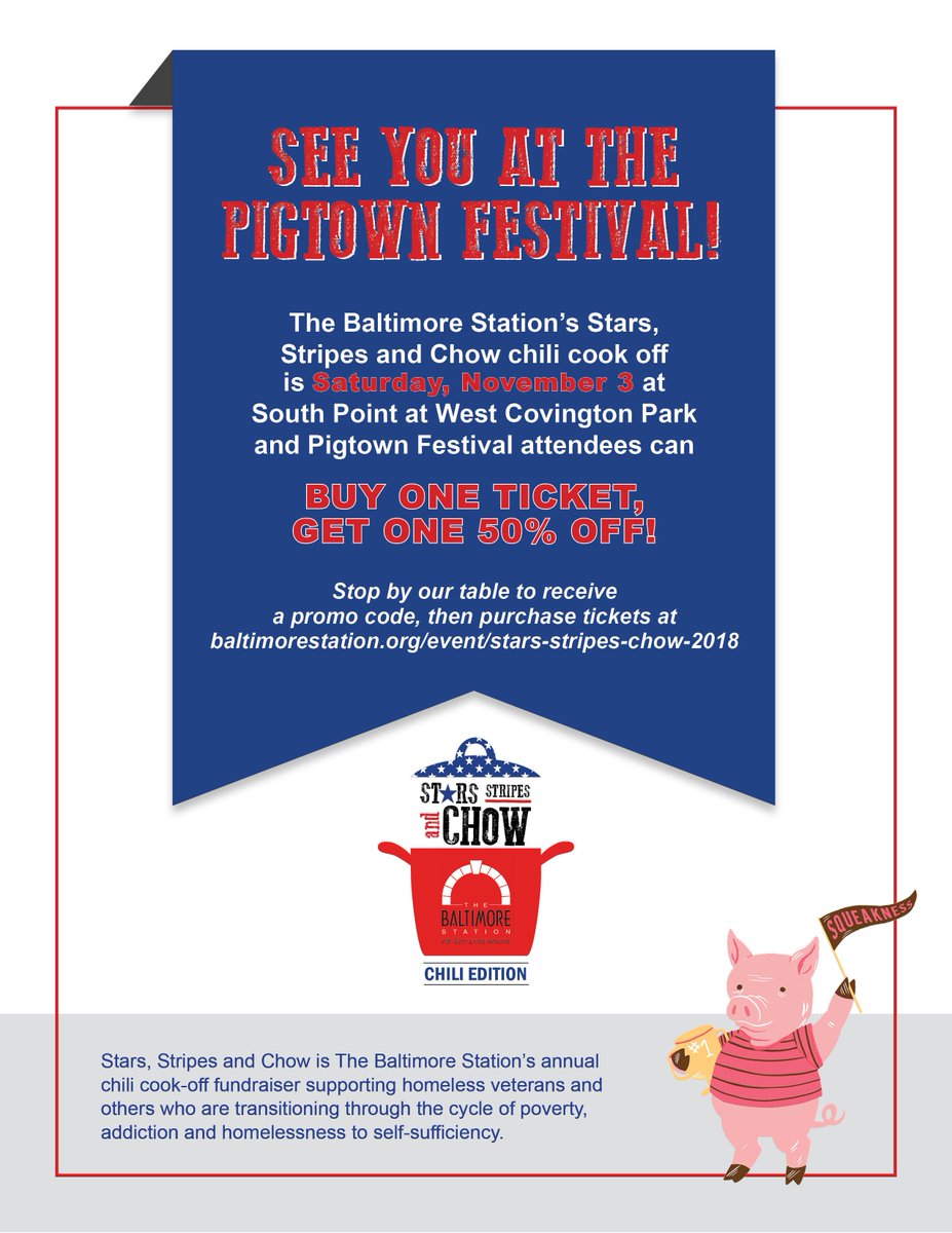 BmoreStation's tweet photo. We will be at the 17th Annual #PigtownFestival hosted by @PigtownMainSt this Saturday! Stop by our booth for a special discount code for tickets to Stars, Stripes and Chow, our annual chili cook-off fundraiser supporting the residents of #TheBaltimoreStation. https://t.co/bBJvs4iI24