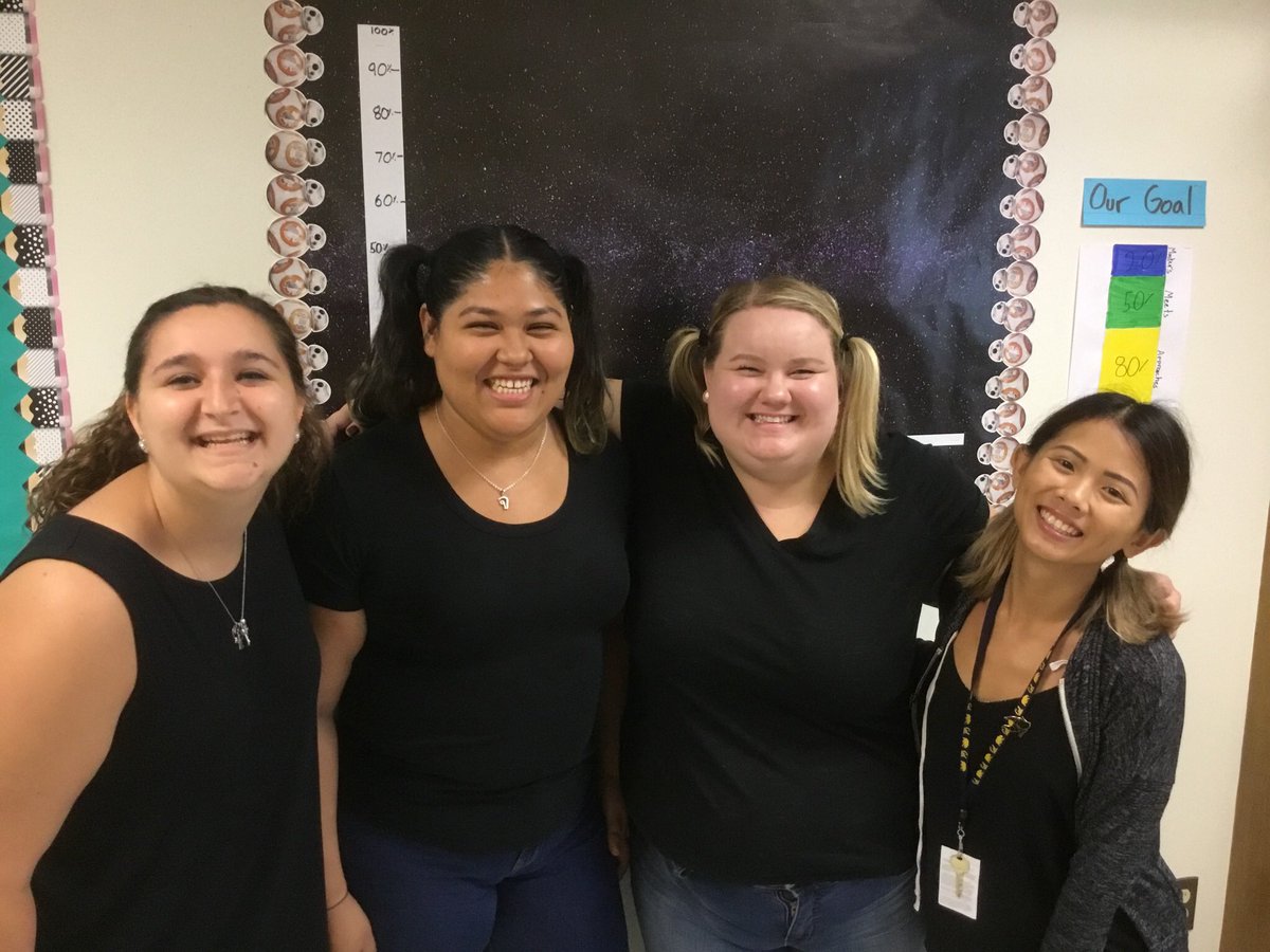 MsRoss110's tweet photo. It’s been a great first 5 weeks of school with these ladies! We are #showingup for attendance awareness month as TWINS (or quadruplets) @MsNguyen115 @JaegleMs https://t.co/b7ZOKEXI7f