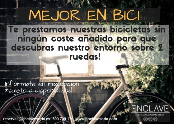 enclavesoria's tweet photo. ¡En bici mucho mejor! 🚵 Ahí va una propuesta irresistible. Un regalo muy especial 👉recorre nuestro entorno sobre 2 ruedas 👏🏼👏🏼 Ven a visitarnos este otoño y TE PRESTAMOS NUESTRAS BICIS😉 ¡Sin ningún coste añadido! hotel #bikefriendly #enbicimuchomejor ❤ https://t.co/Qp53ujZImV