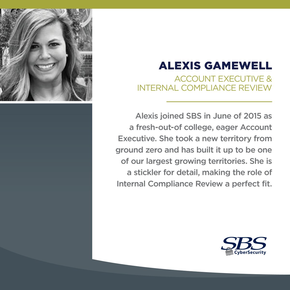 SBSCyber's tweet image. We&apos;re excited and proud to announce several recent promotions here at SBS CyberSecurity. We&apos;ll be sharing these here all day today and tomorrow -- please join us in congratulating these team members! First up: Alexis Gamewell. #SBSCyberSecurity