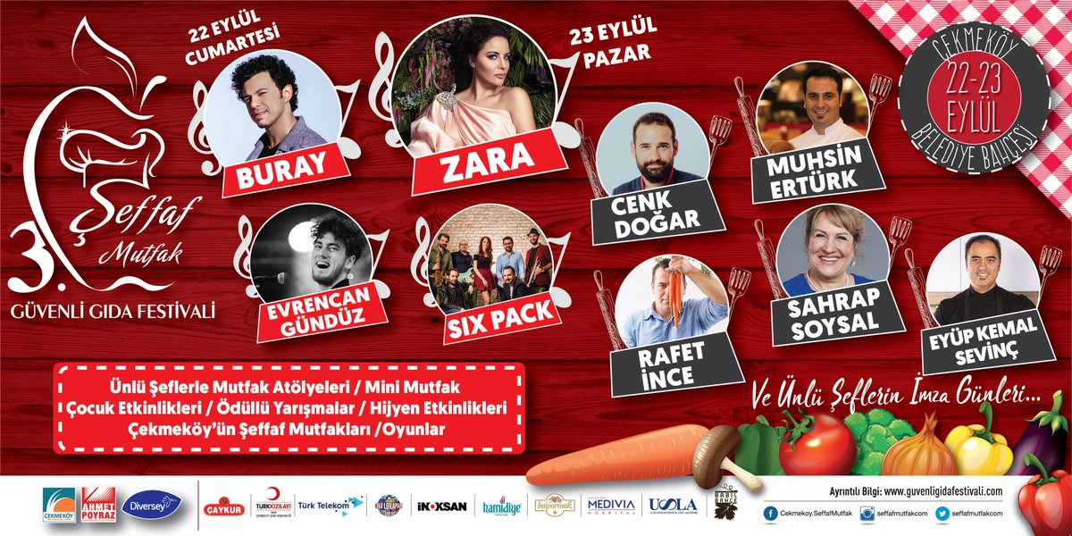 Çekmeköy Belediyemizin Bahçesinde 22-23 Eylül tarihlerinde bu yıl 3.’sünü gerçekleştireceğimiz ünlü sanatçılar ve usta şeflerin katılacağı, imza günleri, çocuk atölyeleri, eğlence alanları, oyun parkurlarının yer alacağı Şeffaf Mutfak #GüvenliGıdaFestivali 'ne davetlisiniz.
