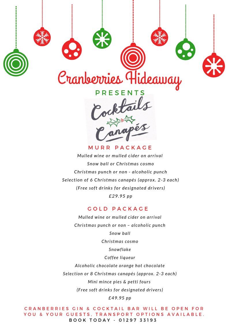 CranberriesH's tweet photo. Cranberries Hideaway presents.. 

Cocktails Canapes!! 

From £25pp 

Want to do something different with your Christmas party  well this is for you! 

To Book Call 01297 33193 https://t.co/E3BbeZsz0I