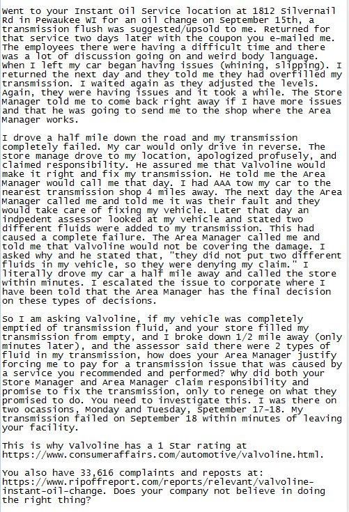 Silvernail Rd in Pewaukee, WI drained and filled my transmission. 1/2  mi. away my tranny failed. 2 diff fluids were mixed in my tranny. After claiming responsibility (Store and Area Manager) and promising to  repair my vehicle, they are now denying the claim. Beware! <a href="/Valvoline/">Valvoline Global Operations</a>