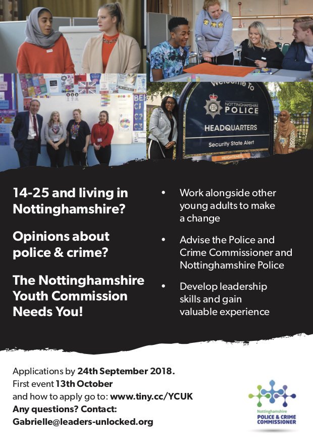 NottsYCUK's tweet photo. There is still time for you to apply to be a part of the @NottsYCUK! If you are you aged 14-25, you live in Nottinghamshire and have opinions about Police and Crime, then why not join the Nottinghamshire Youth Commission? Find more information at https://t.co/YQJn8YJJjW #NottsYC https://t.co/qWWOpsplsM