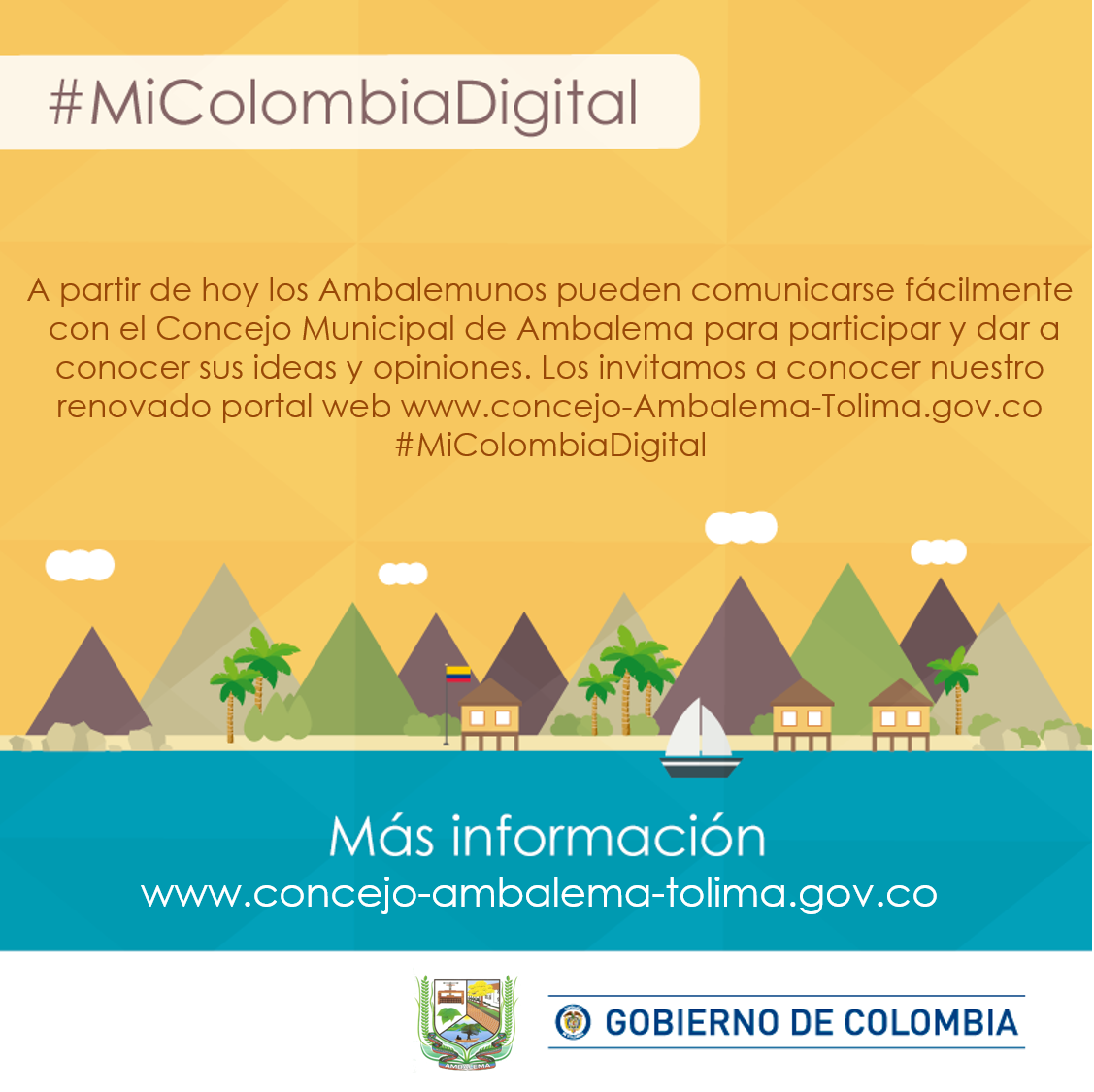 A partir de hoy los Ambalemunos pueden comunicarse fácilmente con el  Concejo Municipal de Ambalema para participar y dar a conocer sus ideas y  opiniones. Los invitamos a conocer nuestro portal web concejo-Ambalema-Tolima.gov.co
 #MiColombiaDigital #ConcejoAmbalemaAlDia