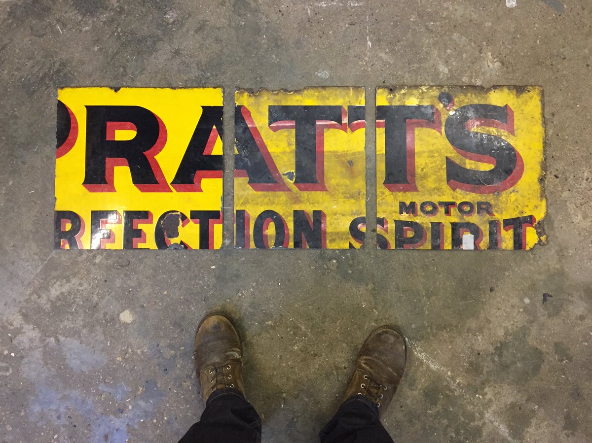 Ratt’s.
Working with sections of an old damaged Pratt’s enamel sign today that was found patching up a leaky roof. Time for it to be useful and seen once again.