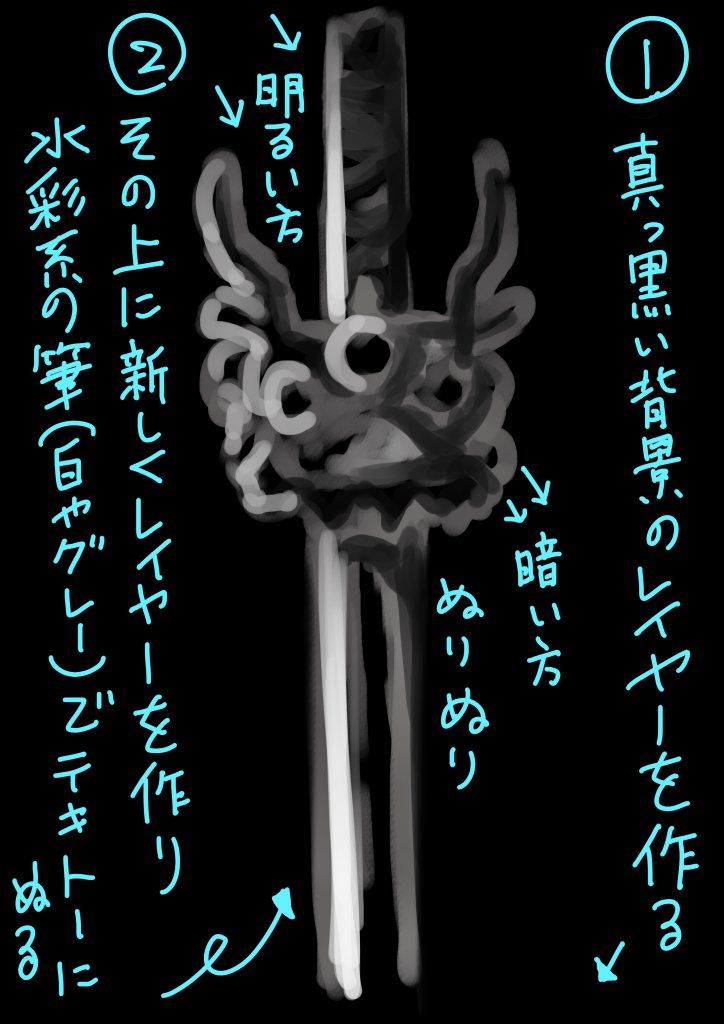 怪しい剣?(武器?)の描き方。
作業時間は5分くらいです。
こんな怪しい物を描く機会は
あまり無いと思いますが笑
とにかく上に上に
レイヤーを重ねていけば
なんとなくで色んな物が
描けるはずな訳です。
ブラシは自作だったかと
思いますが、最初からあるブラシ
でもぜんぜん何とかなるかと。