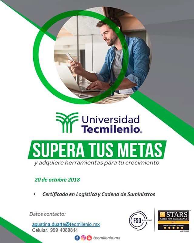 SUPERA TUS METAS - Adquiere herramientas para tu crecimiento.¡Inscripciones abiertas!

Próximo 20 de Octubre 2018
- Certificado en logística y Cadena de Suministros

Mayor información
Tel.: 999.252.1000
WhatsApp: 999 408.9814
Email. agustina.duarte@tecmi… ift.tt/2MTrOlZ
