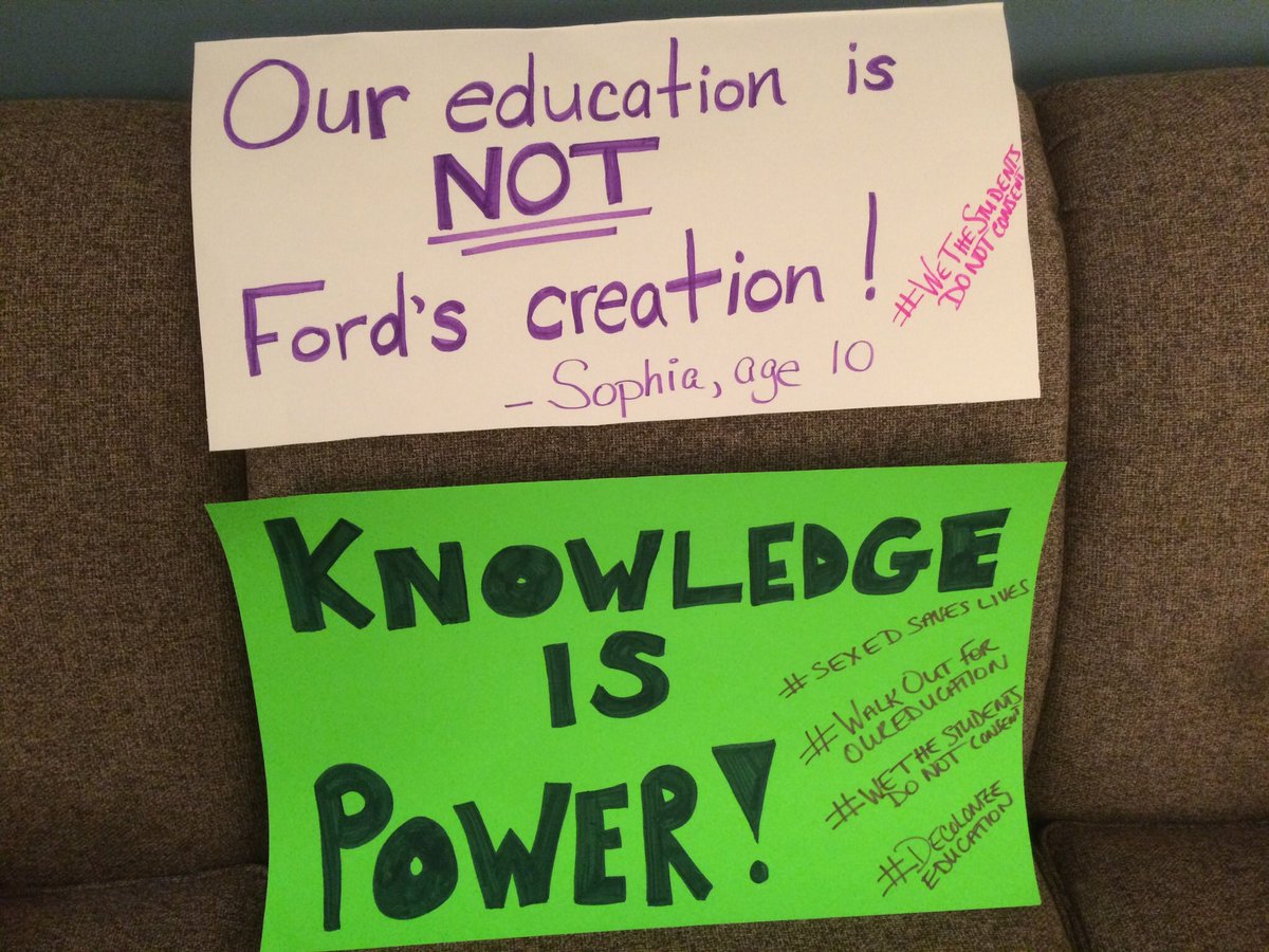 So inspired by today’s student walk-out! Here are 2 signs designed by my wonderful 10 yr old niece Sophia. #sexedsaveslives #wethestudentsdonotconsent #decolonizeschools #onpoli