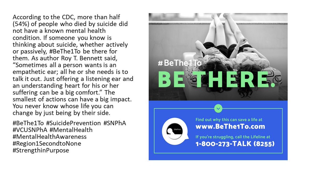 SNPhAVCU's tweet photo. If someone you know is thinking about suicide, whether actively or passively, #BeThe1To be there for them.
#SuicidePrevention #SNPhA #VCUSNPhA #MentalHealth #MentalHealthAwareness #Region1SecondtoNone #StrengthinPurpose https://t.co/UQSzzjewc7