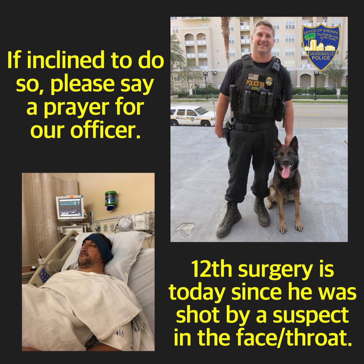 JSOPIO's tweet photo. If inclined to do so, please say a prayer for one of our #JSO Police Officers, Jeremy Mason. Today he has his 12th surgery on his throat after he was shot in the line of duty in July 2017. Breathing is still difficult for him.  He has sacrificed a great deal for our community. https://t.co/6UuT2nNhwA