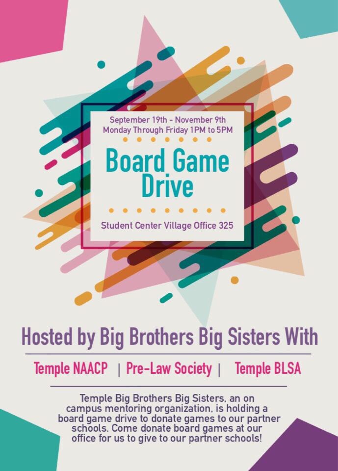 TU_BLSA's tweet photo. Happ Friday everyone! BLSA will be collecting board games at our program Monday night to help Big Brothers Big Sisters donate to partner schools! We hope to see you all Monday 😌 https://t.co/ASxNrGN7tf