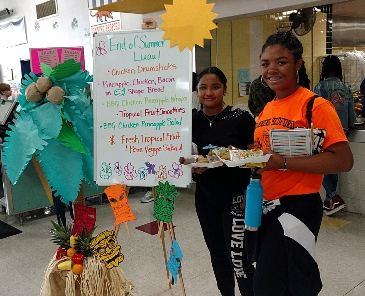 CafeCSD's tweet photo. While we are sad to see summer go, staff at Gunning Bedford MS had fun celebrating the end of summer with a #schoollunch luau #cafecsd #farmtoschool @CafeCSD @ColonialSDstrct https://t.co/zH2l2s2zZl