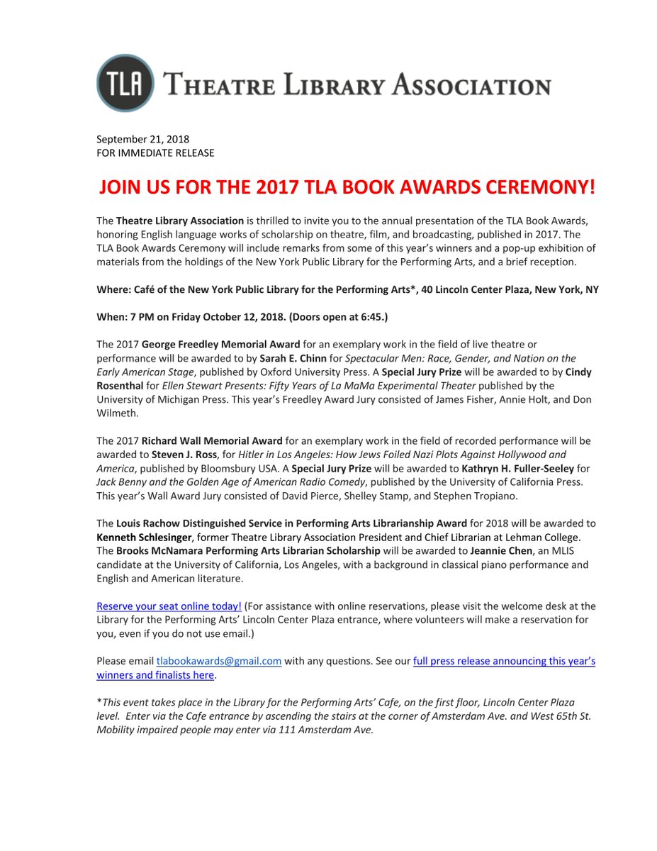 TheatreLibAssn (@theatrelibassn) on Twitter photo Join us in NY on 10/12 for the TLA Book Awards! <a href="/nypl_lpa/">The Library for Performing Arts</a> bit.ly/2OIpZdw Join us in NY on 10/12 for the TLA Book Awards! <a href="/nypl_lpa/">The Library for Performing Arts</a> bit.ly/2OIpZdw