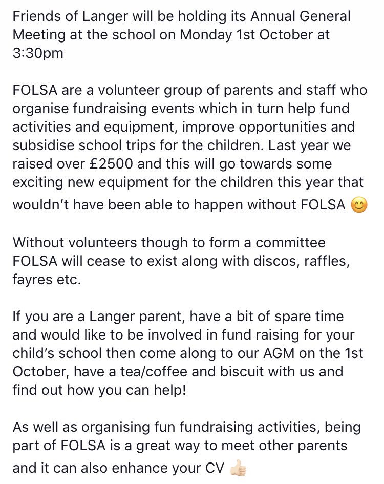 FOLSA AGM 1st October <a href="/LangerPrimary/">Langer Primary</a> 3:30pm 👍🏻