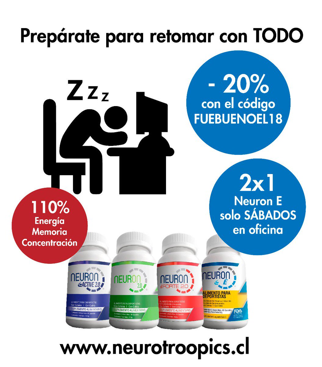 NeuronChile's tweet image. Mañana Sábado 2x1 en Neuron E 🔥 en nuestra oficina: Amanda Labarca 96, piso 10, of 104, Metro Moneda. Horario: 10am a 16hrs. 
Además, 20% de Descuento 🔥 usando el código FUEBUENOEL18 en nuestra página neuronchile.cl  #volveraltrabajo #energía #memoria #concentración