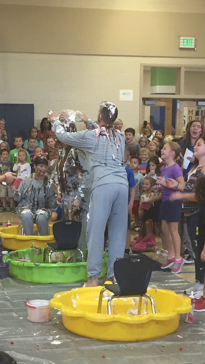 tcesteacher's tweet photo. Is it “Sundae” yet? What a fun #opportunity to watch our admin get turned into human sundaes! #wemetourgoal #Boosterout! @tegacaytitans https://t.co/73nROxsE0B